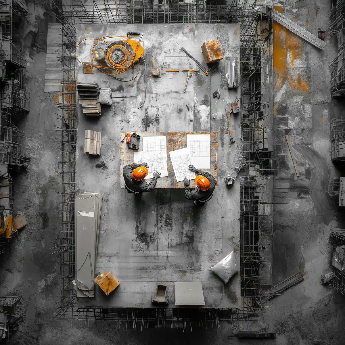 Minimalistische Draufsicht auf Arbeitstisch mit Projektzeichnungen in sauberer Baustelle, zwei Arbeiter mit Helm schauen drauf.