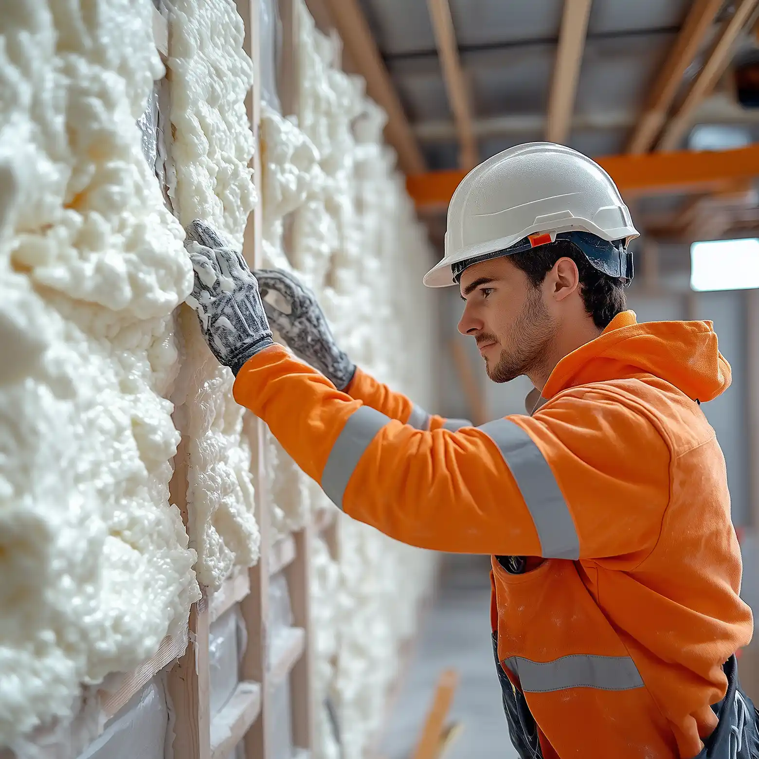 Dämmung und Wärmeisolierung in einem Bauprojekt, mit Fokus auf den Arbeiter und das Isoliermaterial.