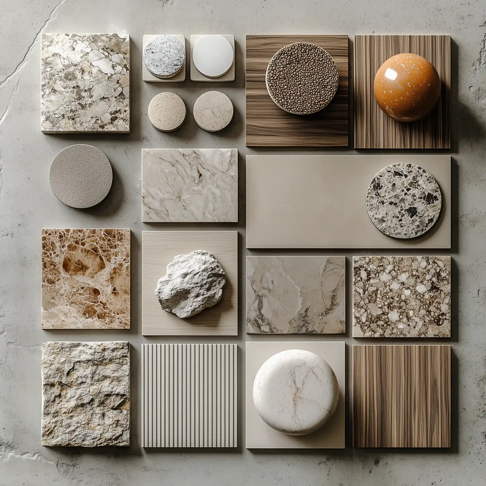 Topview von einem Boden, der aus verschiedenen Materialien besteht: Parkett, Laminat, Vinyl, Teppich, Fliesen und Naturstein.